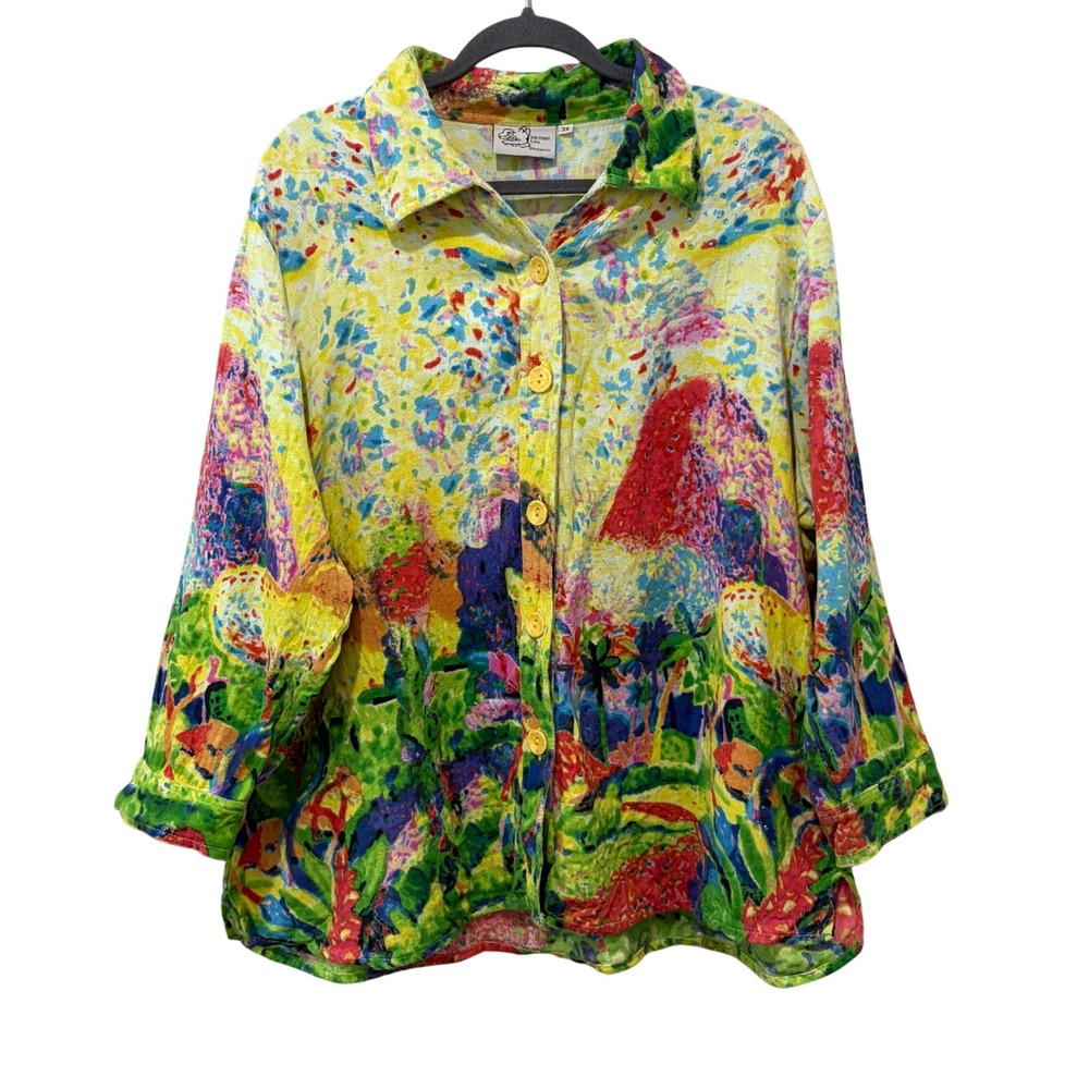 Michael Leu Button‎ Down Shirt Women 3X Multicolor Abstract Art Sequin Cotton